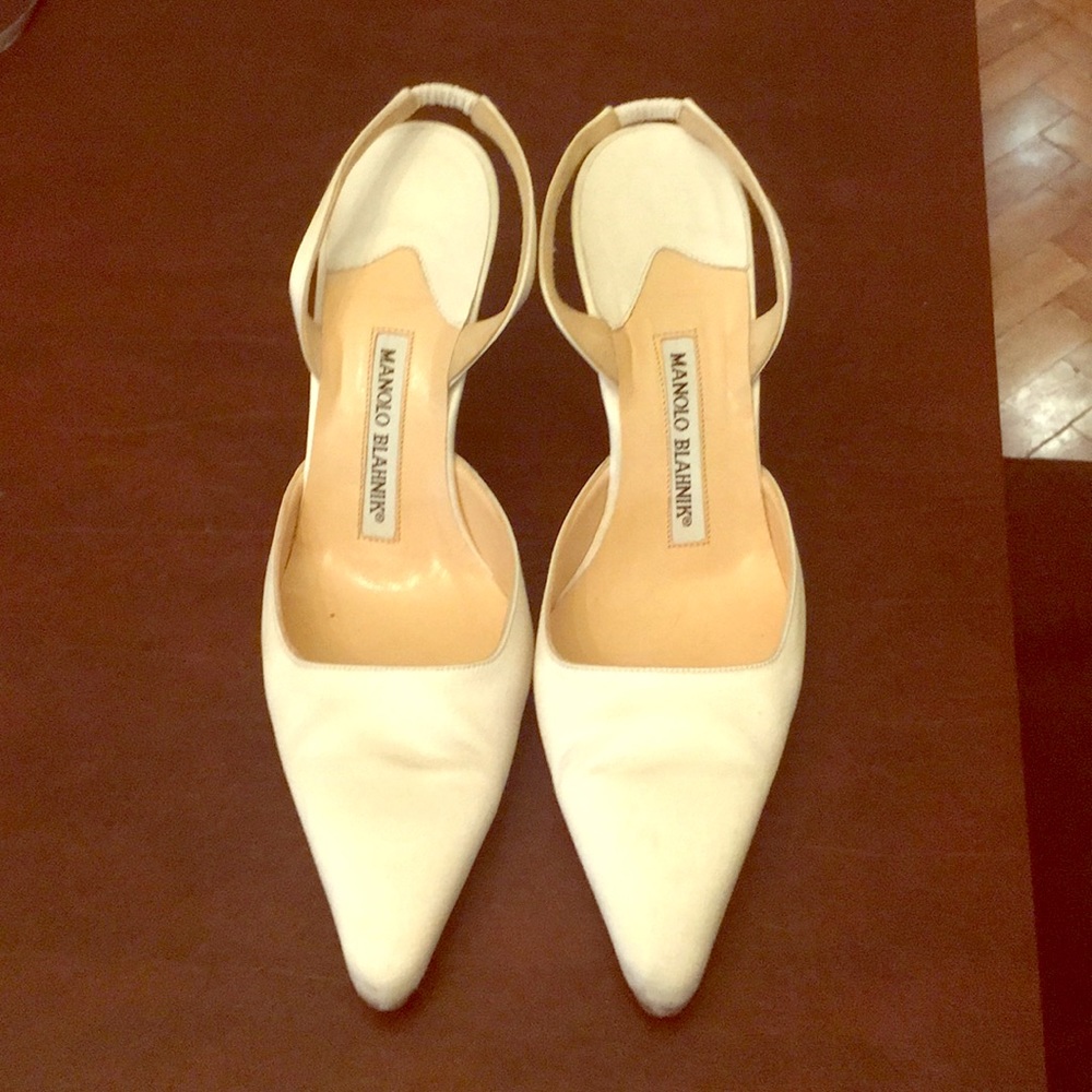 Manolo Blahnik white satin slingback